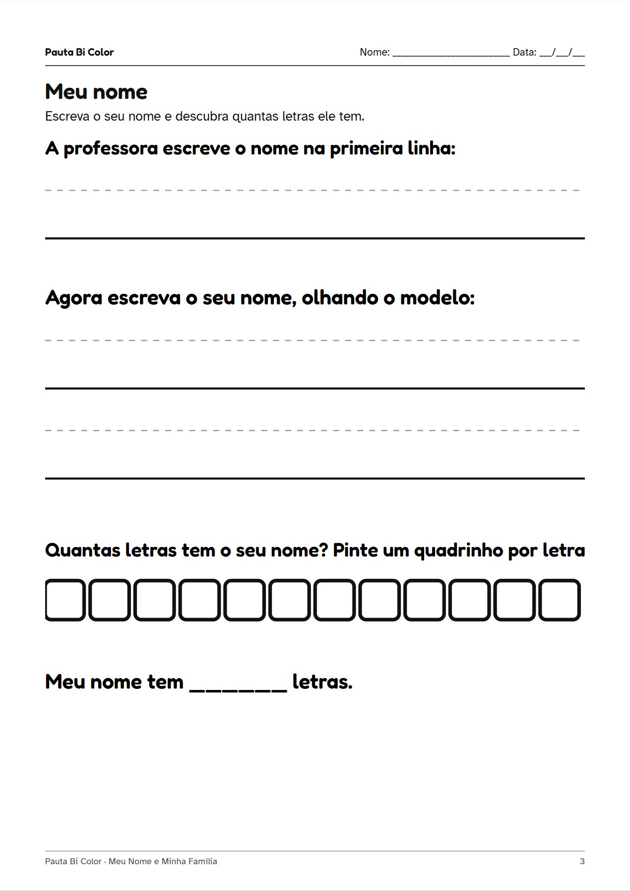 Prévia 1 do material Meu Nome e Minha Família – 4 e 5 anos: página de atividade em preto e branco