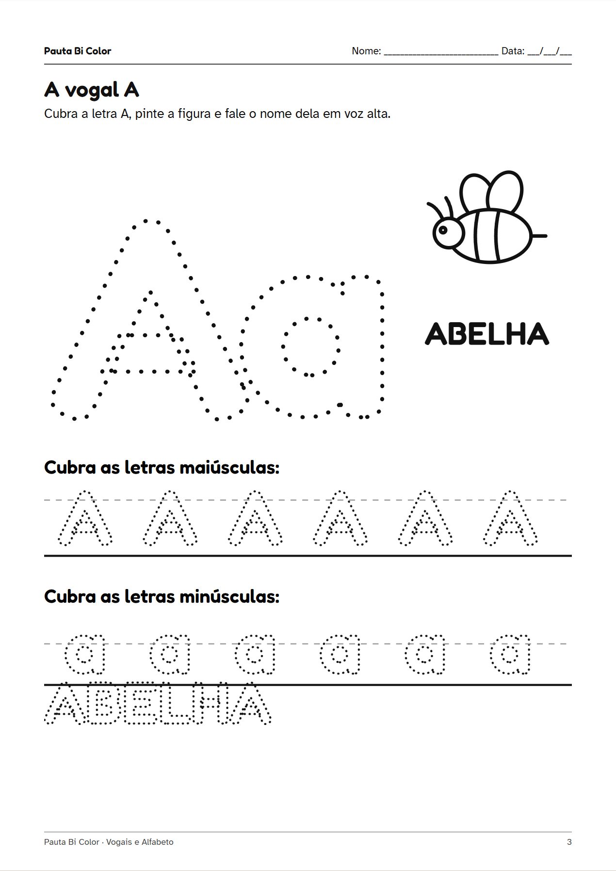 Prévia 1 do material Vogais e Alfabeto – 4 e 5 anos: página de atividade em preto e branco