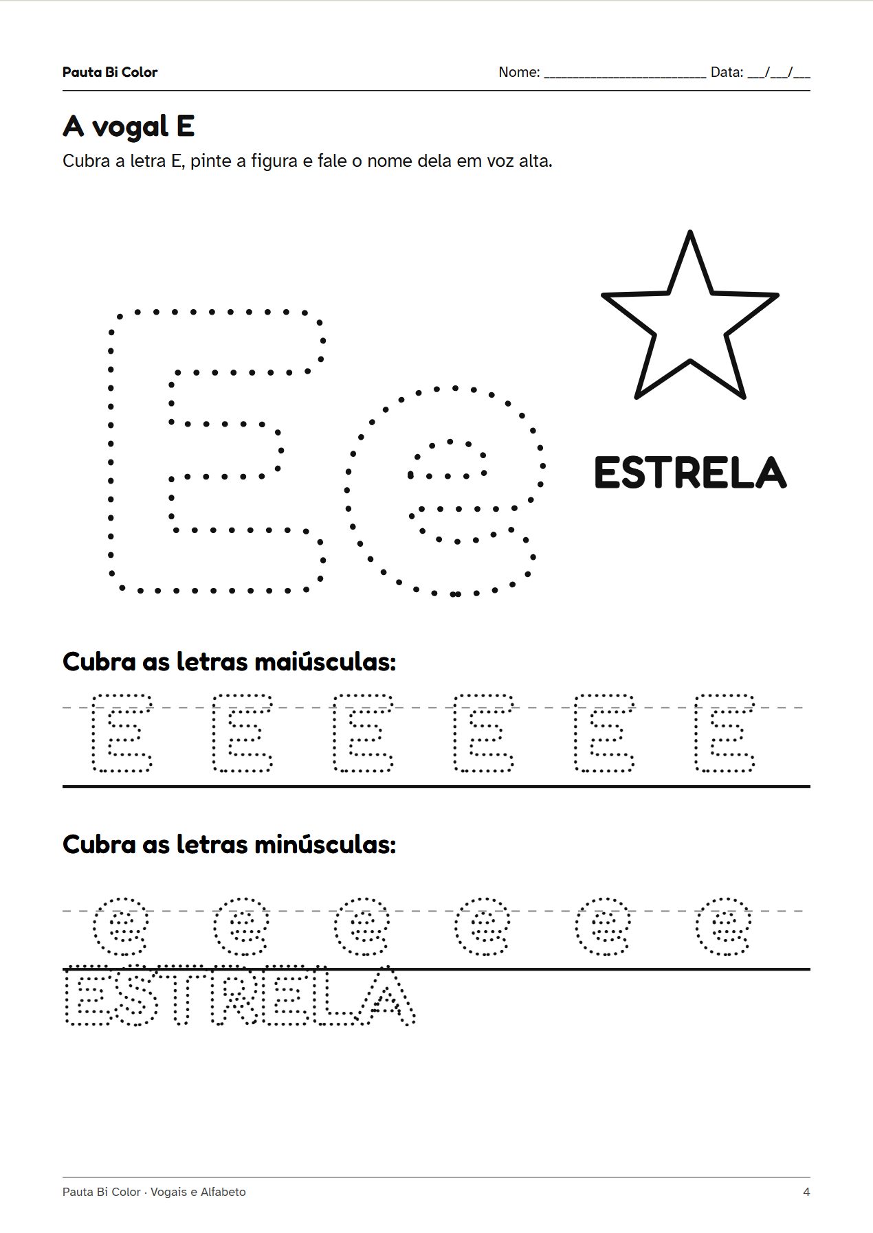 Prévia 2 do material Vogais e Alfabeto – 4 e 5 anos: página de atividade em preto e branco